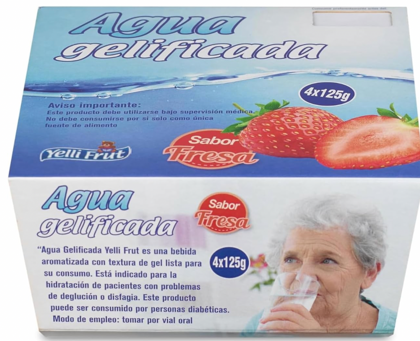 Agua gelificada. Espesante para disfagia. Sabor Fresa. Pack de 6x4 = 24 tarrinas.