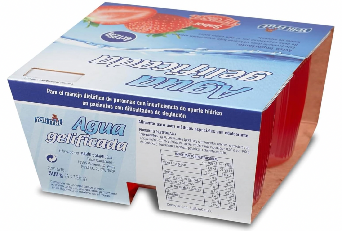 Agua gelificada. Espesante para disfagia. Sabor Fresa. Pack de 6x4 = 24 tarrinas.