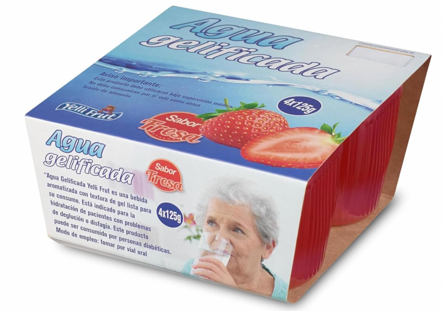 Agua gelificada. Espesante para disfagia. Sabor Fresa. Pack de 6x4 = 24 tarrinas.