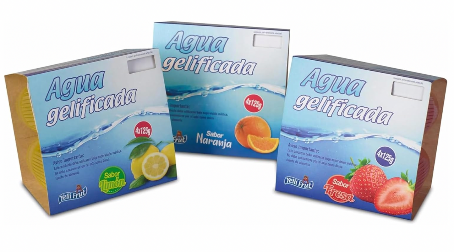 Agua gelificada. Espesante para disfagia. Sabor Fresa. Pack de 6x4 = 24 tarrinas.