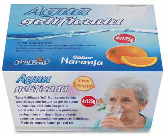 Agua gelificada. Espesante para disfagia. Sabor Naranja. Pack de 6x4 = 24 tarrinas.