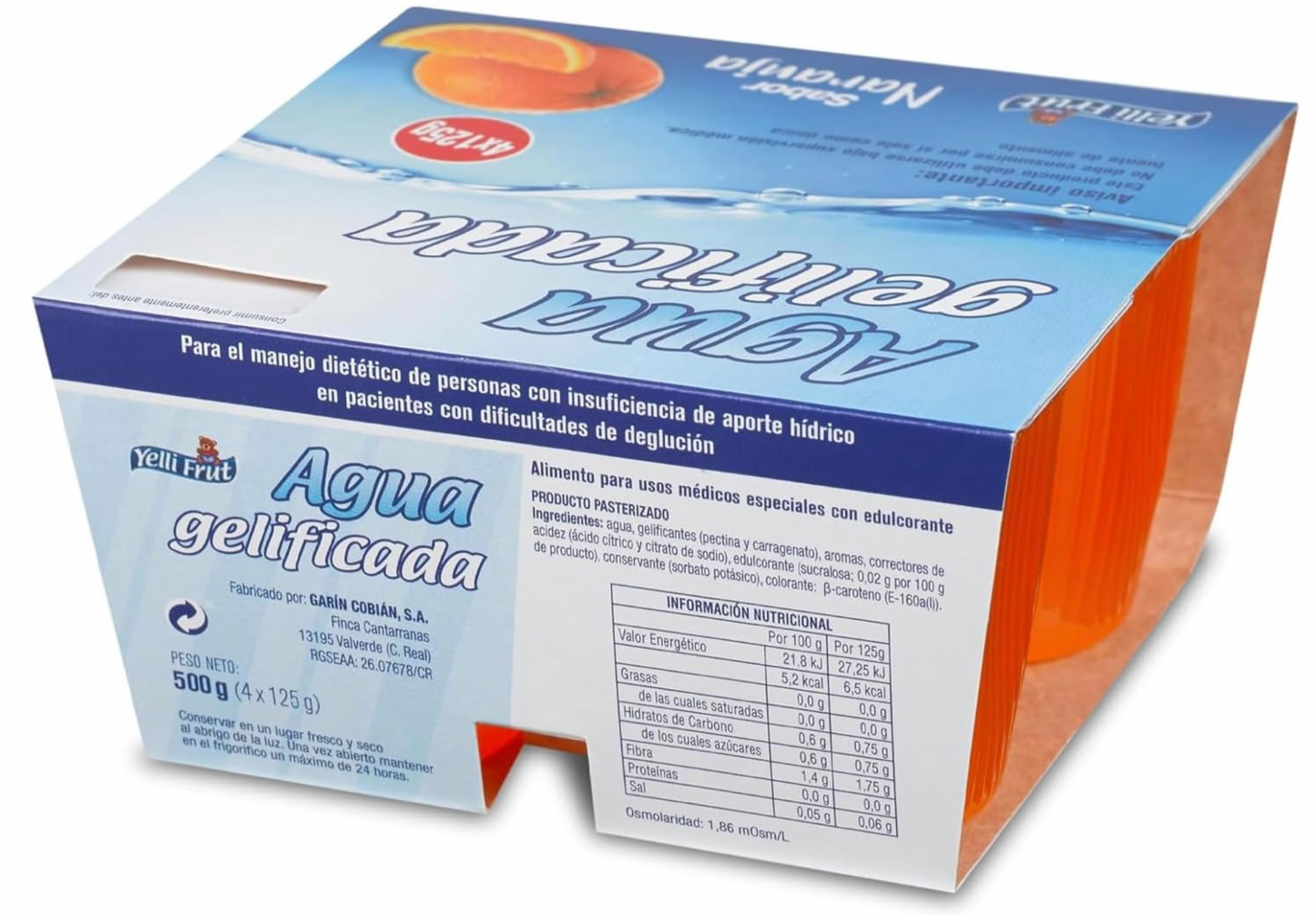 Agua gelificada. Espesante para disfagia. Sabor Naranja. Pack de 6x4 = 24 tarrinas.