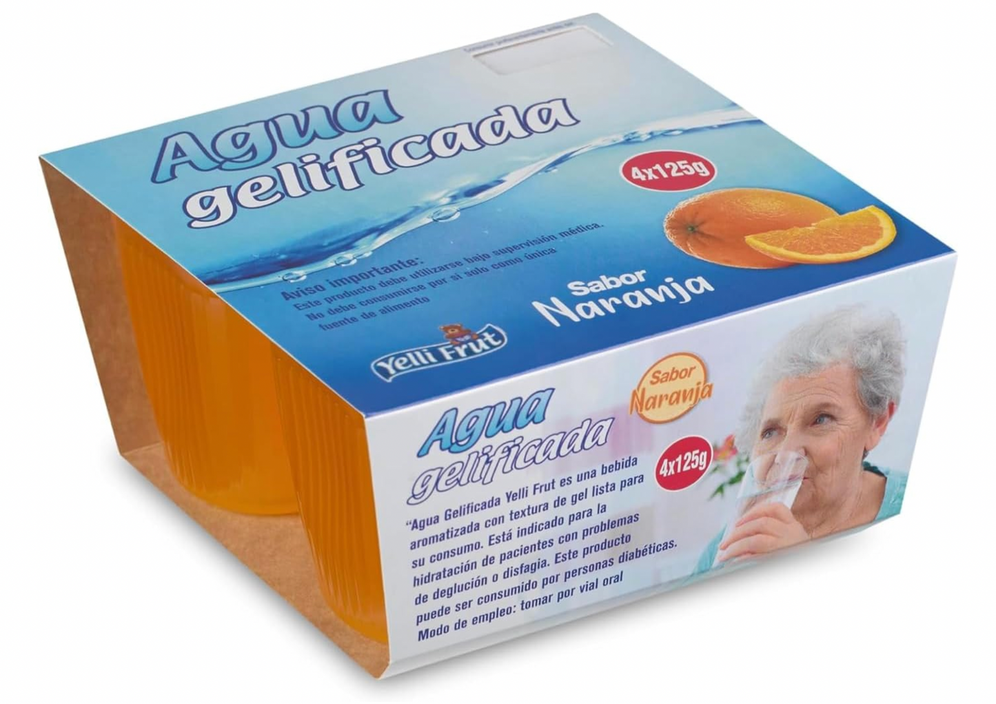 Agua gelificada. Espesante para disfagia. Sabor Naranja. Pack de 6x4 = 24 tarrinas.