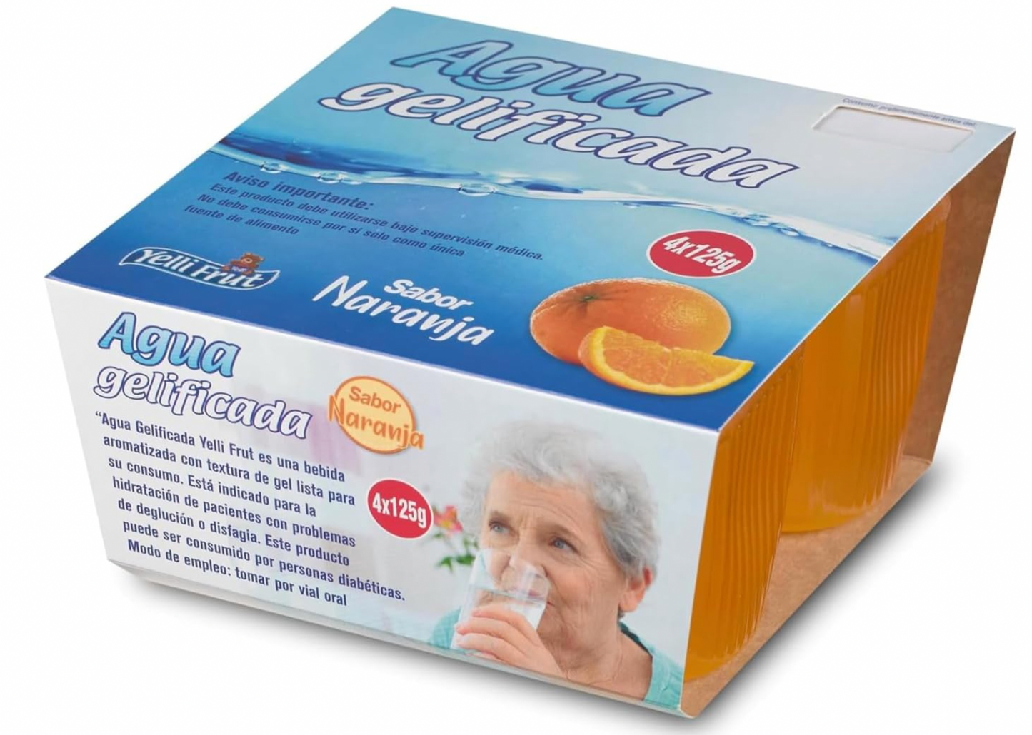 Agua gelificada. Espesante para disfagia. Sabor Naranja. Pack de 6x4 = 24 tarrinas.