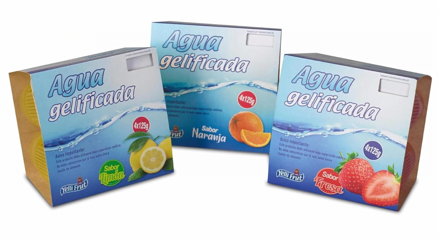 Agua gelificada. Espesante para disfagia. Sabor Naranja. Pack de 6x4 = 24 tarrinas.