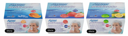 Agua gelificada. Espesante para disfagia. Pack 3 Sabores Fresa/Naranja/Limón. Pack de 16x3 = 48 tarrinas.